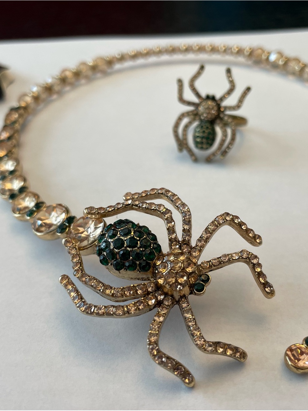 torrid Gold Tone Spider Necklace & ring with Green Crystal Accents